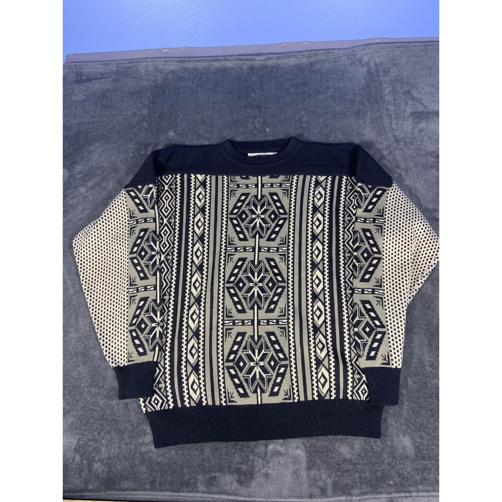 Vintage Obermeyer Knit Wool Sweater Black Geometric Design Size Large Men's